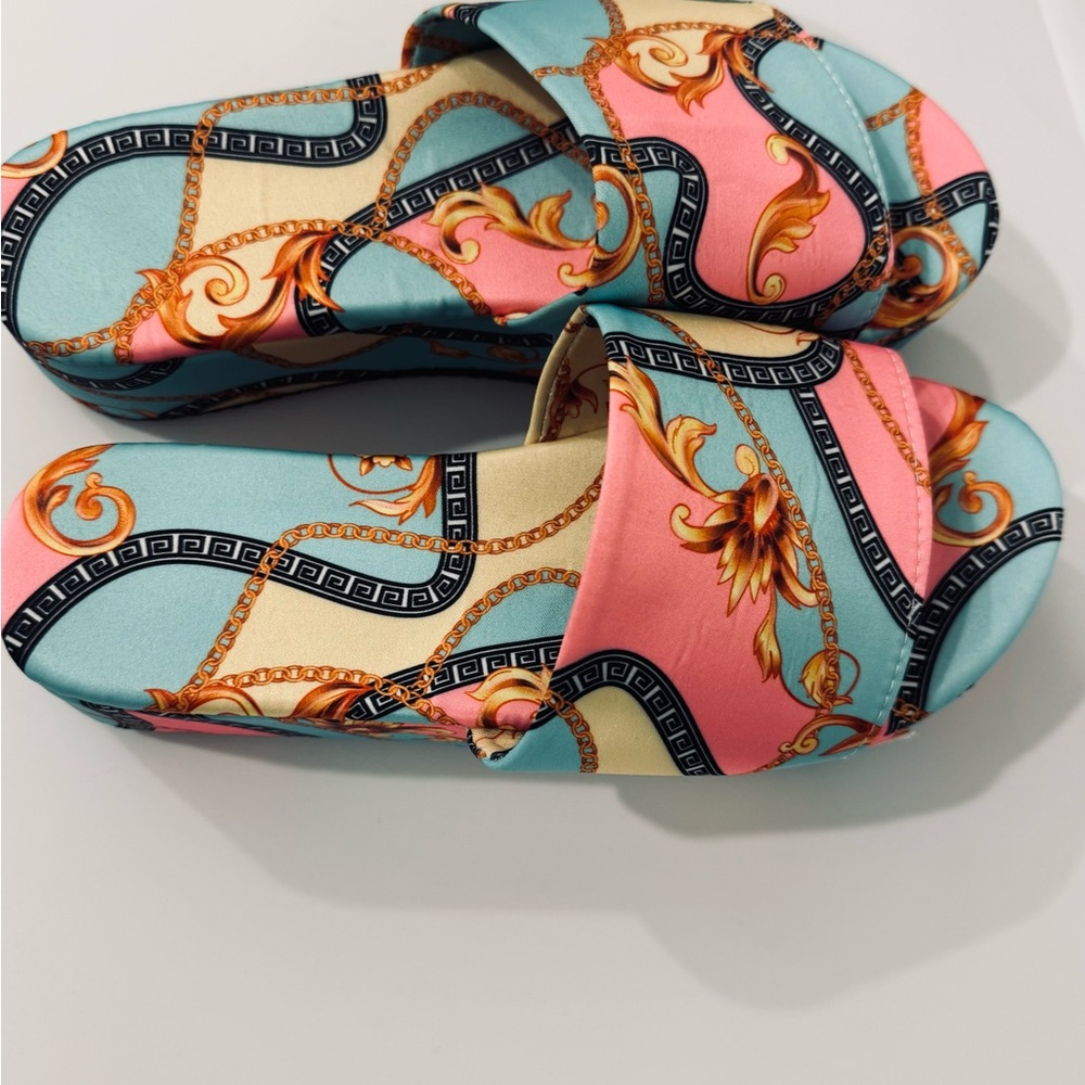 Chain-Print Slide Sandals in Pink & Light Blue